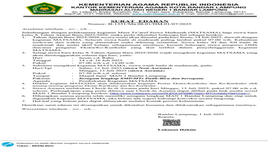 Surat Edaran Kegiatan MATSAMA ( Masa Ta'aruf Siswa Madrasah ) / ( MPLS - MOS ) Siswa Baru Tahun Ajaran 2025/2026