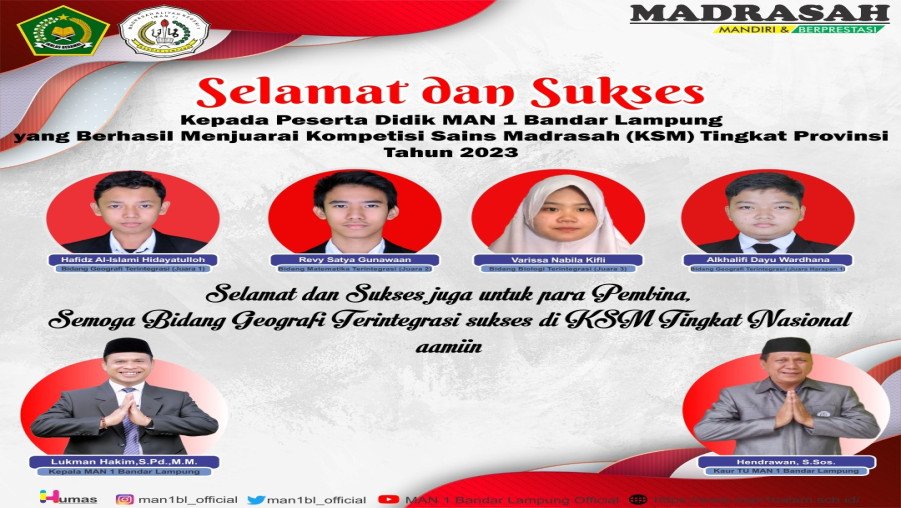 Empat Peserta Didik MAN 1 Bandarlampung Raih Juara KSM Tingkat Provinsi